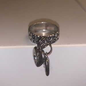 Sterling Floral Ring Artist-Upcycled w/ Matching Heart Charms marked Uncas